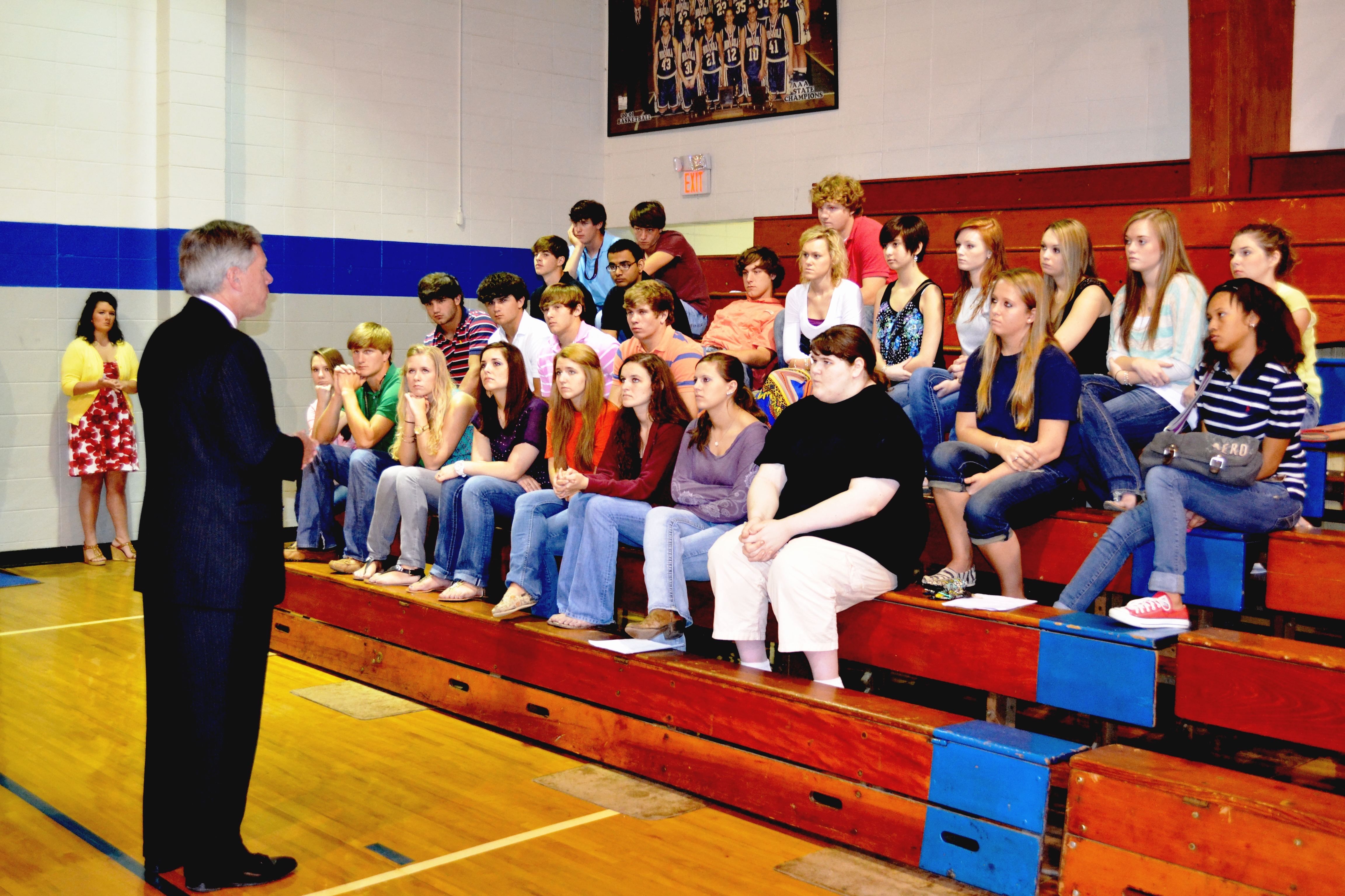 PHOTO:  President Bill LaForge speaks at Indianola Academy on the importance of continuing education and the countless opportunities Delta State University can provide. 